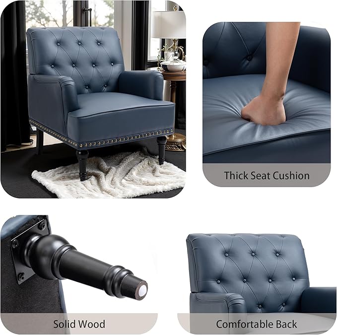 MOJAY Faux Leather Accent Chair Set of 2, Mid-Century Modern Living Room Chair Lounge Study Sofa Chair with Sturdy Wood Legs, Club Chair Armchair for Bedroom Home Study Reception (DarkBlue)