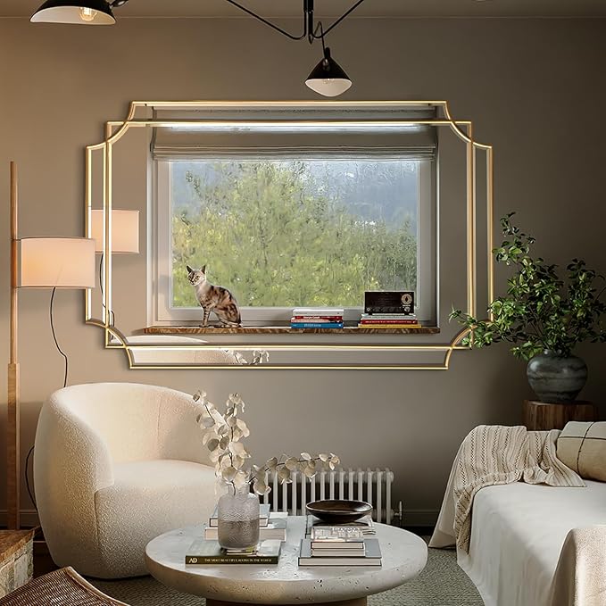 Gold Mirror for Wall, 48" x32" Wooden Framed, Polished Bevelled Rectangle Mirror, Modern Decorative Mirrors for Wall Decor, Irregular Mirror for Living Room, Bathroom, Entryway, Bedroom
