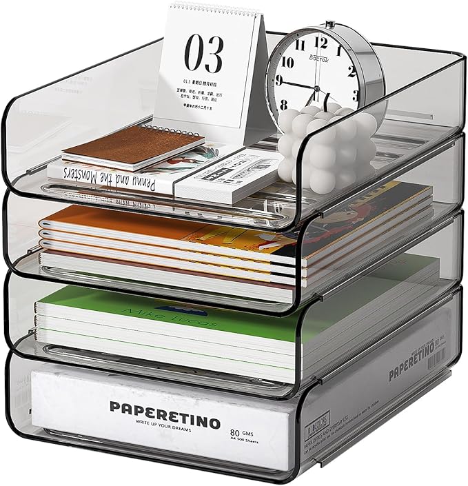 FANXIYQ 4-Tier Acrylic Paper Tray Organizer, Smoked Brown Stackable Desk File Organizer for Documents, Files, Letters, A4 Paper, Books, Notes, Mail & Paper Storage, Office Classroom Home