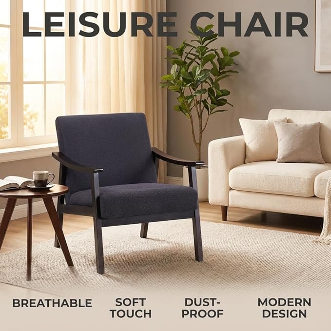 Mid-Century Modern Accent Chair, Upholstered Arm Chair Solid Wood Frame for Lounge, Living Room, Reading Room, Bedroom (Antique Black)