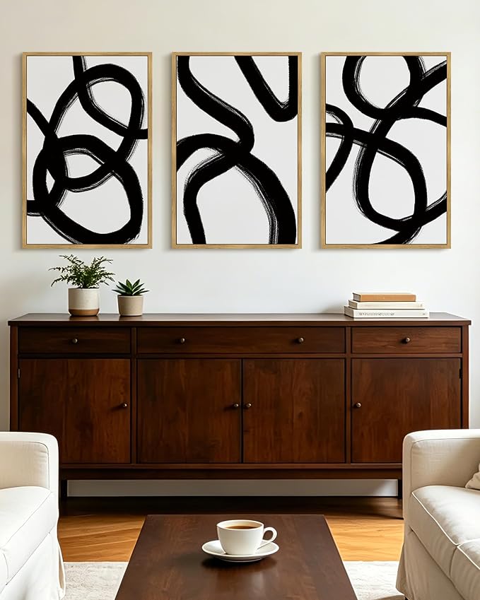 KUVIOKE Black and White Abstract Framed Wall Art Ink Wash Minimalist Lines Painting Artwork for Bedroom Hallway 24x36in (Natural Framed)