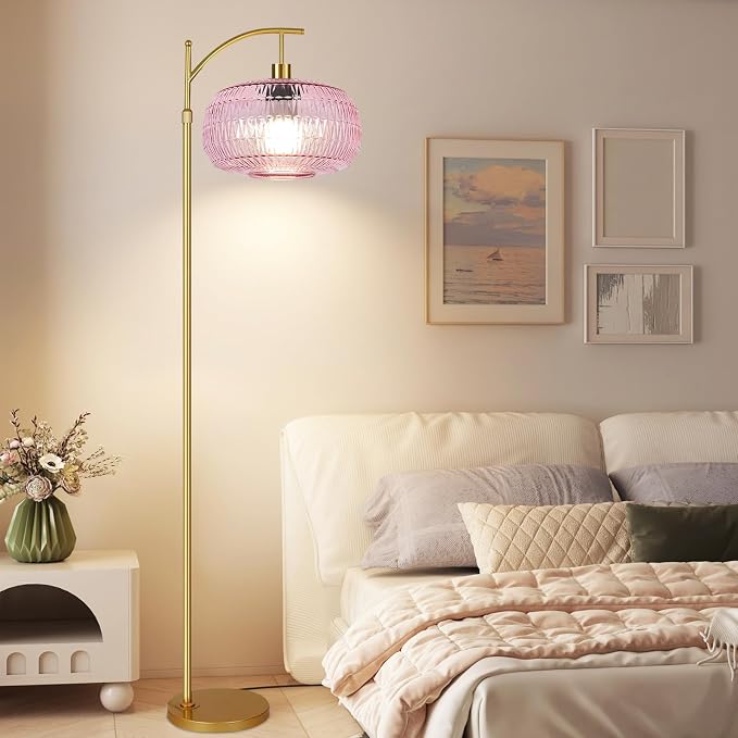 QIYIZM Pink Floor Lamp for Living Room,Bedroom,Gold Dimmable Standing Lamp with Remote,Mid Century Modern Brass Tall Lamp Boho Floor Lamps Arc Stained Glass Flower Floor Light Lamp Girls kids Bohemian
