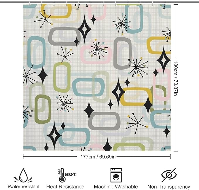 Vintage Mid Century Shower Curtains Retro Geometric Atom Square Pattern Design Washable Waterproof Fabric for Bathroom Decor Bathtub with 12 Hooks 72x72in (183x183cm)