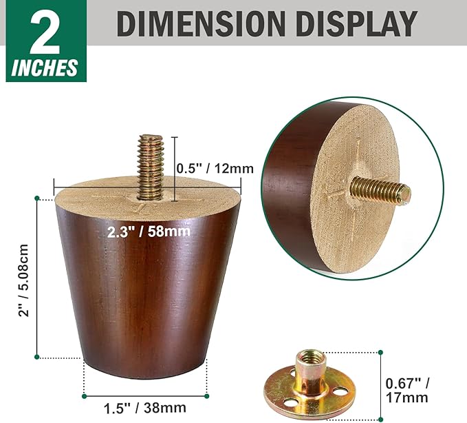 FoDau770 Brown Rubber Wood Furniture Legs 2 Inches, Straight Tapered Wood Feet Mid Century Sofa Legs Set of 8, 5/16" UNC Furniture Feet for Cabinet Couch Dresser Chair Ottoman Table