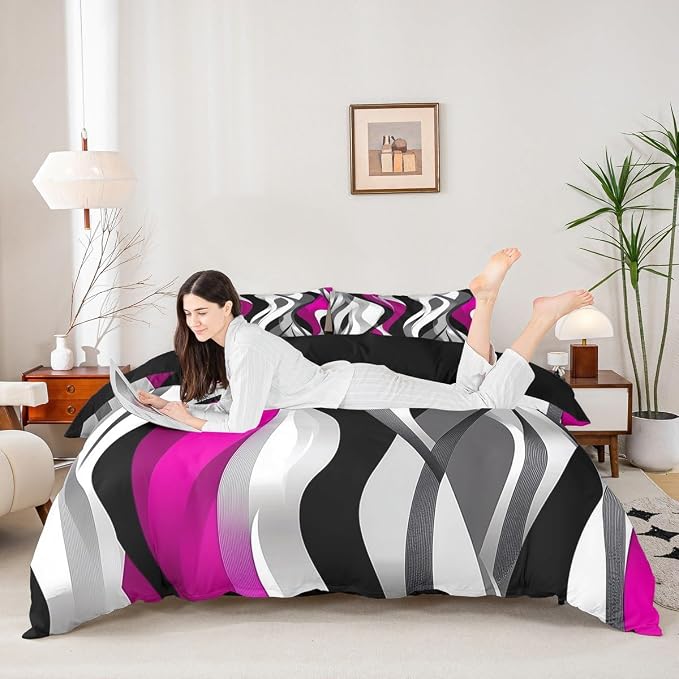 Pink Black Stripes Duvet Cover Set Toddler Size,Modern Abstract Wave Striped Bedding Set,Girls Women Room Decor,Simple Geometric Artwork Chic Comforter Cover,Comfy Quilt Cover,1 Pillowcase(No Filler)