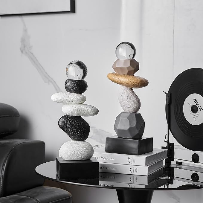 FJS Modern Fake Stone Sculpture Decor for Living Room, Black and White Stacked Statue for Coffee Table Centerpiece, Resin Sculptures for TV Stand Shelf Bookshelf Decorations, Gifts for Good Luck