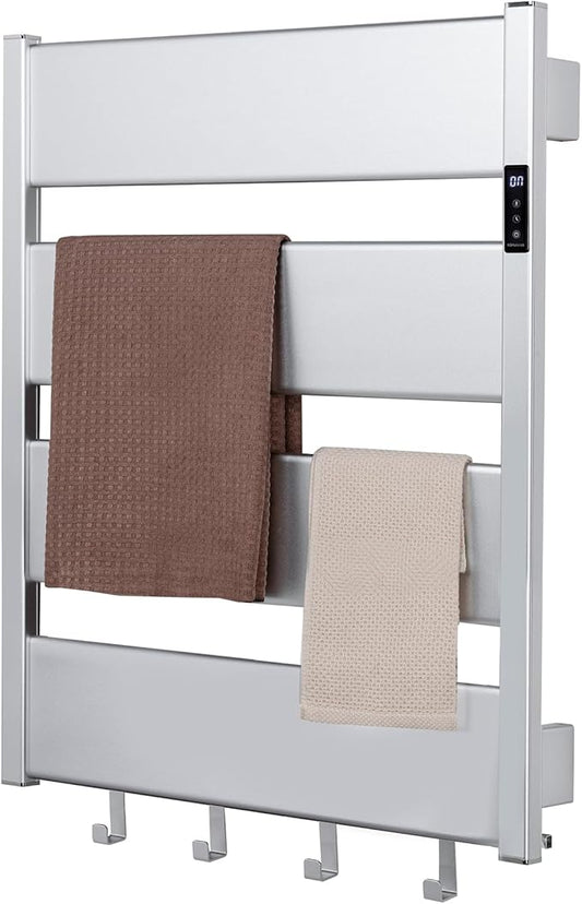 K&KALONZO Smart Electric Towel Warmer with 3-Level Timer & Temp Control, 2H Rapid Dry Aerospace Aluminum Heated Towel Rack, Hardwired/Plug-in Wall Mounted Towel Heater with 4 Hooks, Sliver,H4-S