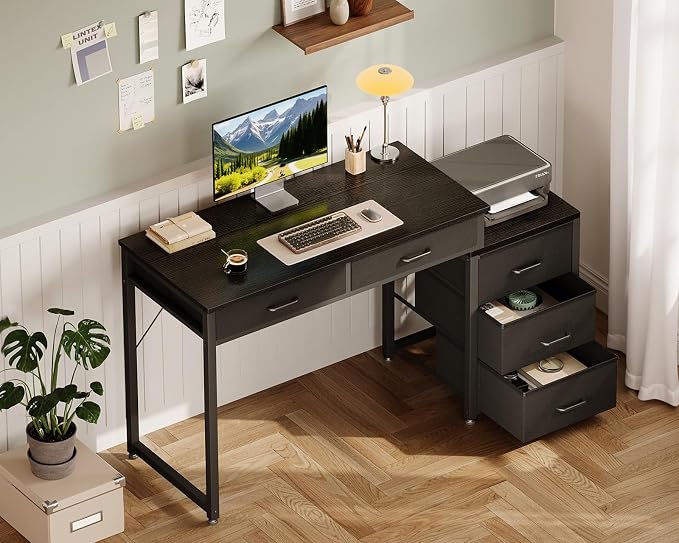 ODK Computer Desk with 5 Drawers, 53 Inch Office Desk with Printer Shelf, Reversible Gaming Desk for Home Bedroom, Writing Table Desk with for Storage, Black