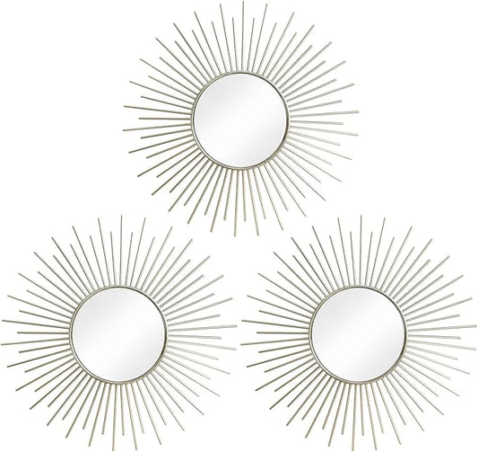 3 Pack Metal Mirrors for Wall Sunburst Wall Mirrors Home Décor Decorative Hanging Wall Art for Living Room Bedroom Entryway (Silver2, Sunburst)