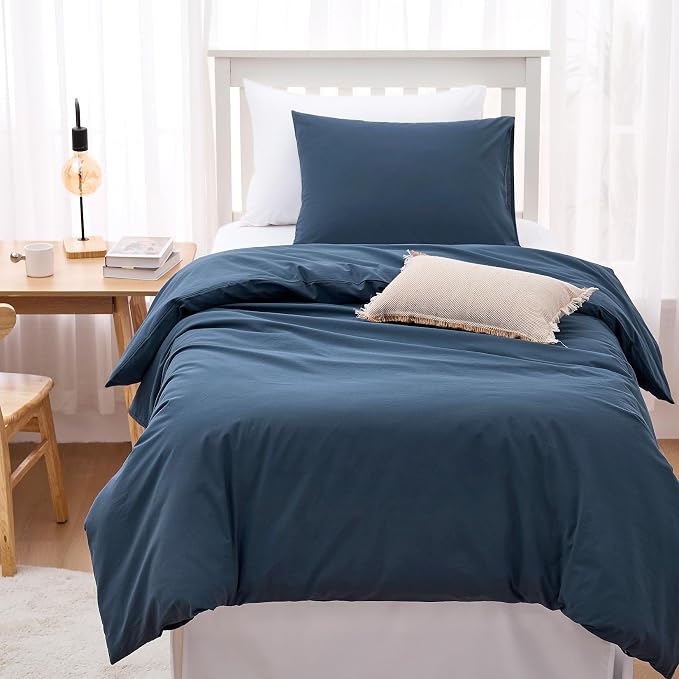 Wake In Cloud - Cotton Duvet Cover Set, 100% Washed Cotton, Linen Like Textured, Breathable Durable Comfy Farmhouse Neutral Bedding Set, 3 Pieces, Navy Blue, Twin/Twin XL Size