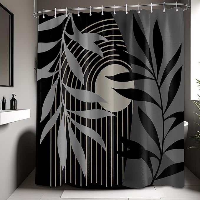 Boho Black and Grey Shower Curtain, Mid Century Modern Black and Gray Shower Curtains for Bathroom, Waterproof Fabric Set with Hooks, 70" W x 84" L (Pack of 1)