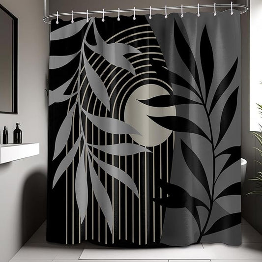Boho Black and Grey Shower Curtain, Mid Century Modern Black and Gray Shower Curtains for Bathroom, Waterproof Fabric Set with Hooks, 70" W x 84" L (Pack of 1)
