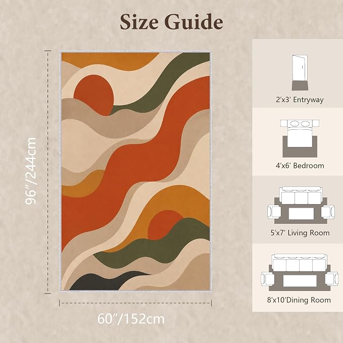 Burnt Orange Abstract Area Rug 5x8, Mid Century Modern Wave Rug, Retro Wavy Geometric Washable Low Pile Non Slip Rug for Living Room Bedroom
