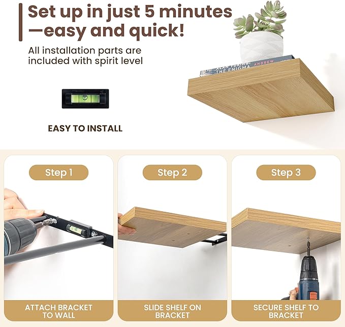 Fun Memories Floating Shelves for Wall - 12 Inch Square Shelves with Invisible Brackets, Small Wall Shelf for Living Room, Bathroom, Bedroom, and Kitchen Decor，Set of 3