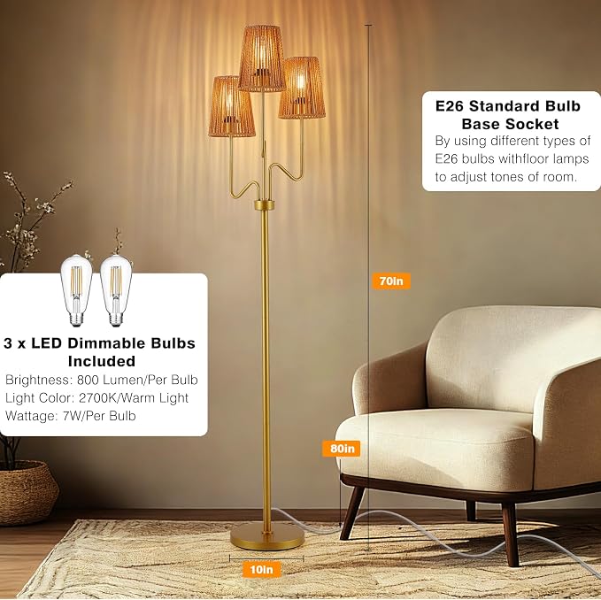 9MMML Gold Farmhouse Boho Dimmable Floor Lamp with Rattan Shade, 68'' Tall Floor Standing Lamp, 3-Light Floor Lamp for Living Room, Bedroom, Office, Corner