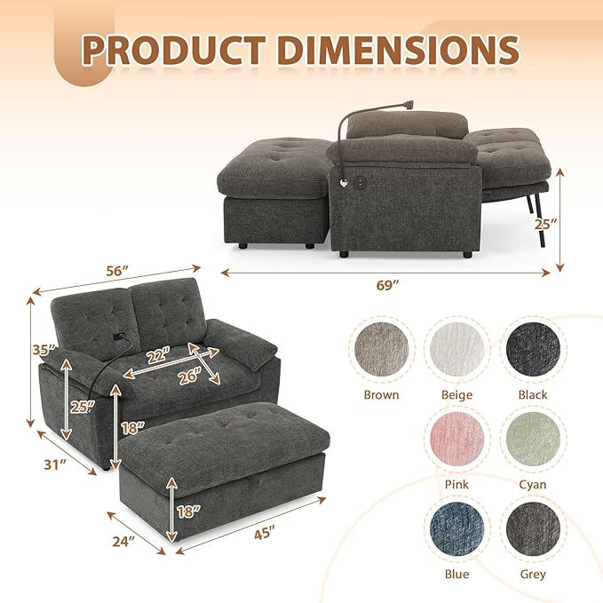 Oversized Chaise Lounge Chair Indoor, Double Convertible Recliner Reading Arm Sofa Chair W/Adjustable Backrest & Charging Port Couch Bed for Living Room, Home Theater & Bedroom, Grey
