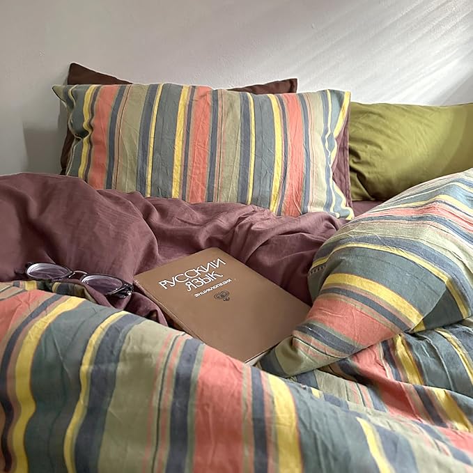 mixinni Vintage Striped Duvet Cover Set Twin Size - 3 Piece 100% Washed Cotton Bedding Set, Soft & Breathable, Colorful Striped Pattern Printed Comforter Cover for All Seasons