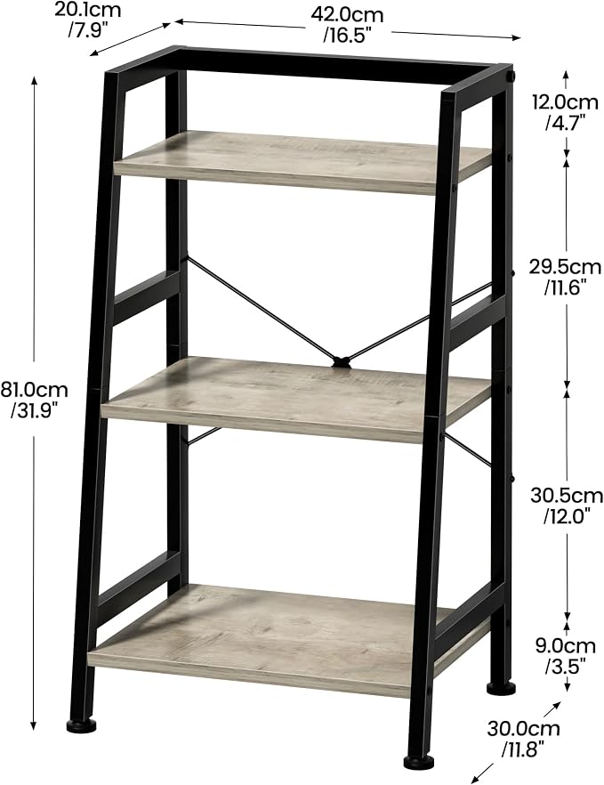 3-Tier Bookshelf, Ladder Shelf, Stand up Shelves, Industrial Bookcase with Steel Frame, Metal Small Bookcase, for Living Room, Home Office, Kitchen, Bedroom, Industrial Style（Greige & Black）