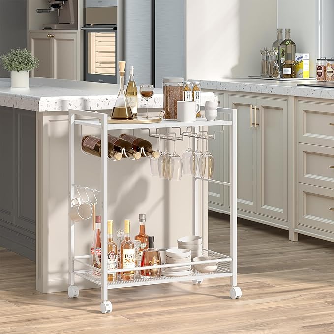 Bar Cart, Home Bar Serving Cart with 2-Tier Shelf,Rolling Beverage Cart with Wheels,Mobile Kitchen Shelf,Modern Wine Drink Cart with Wine Rack and Glass Holder for Kitchen,Dinning Room,White