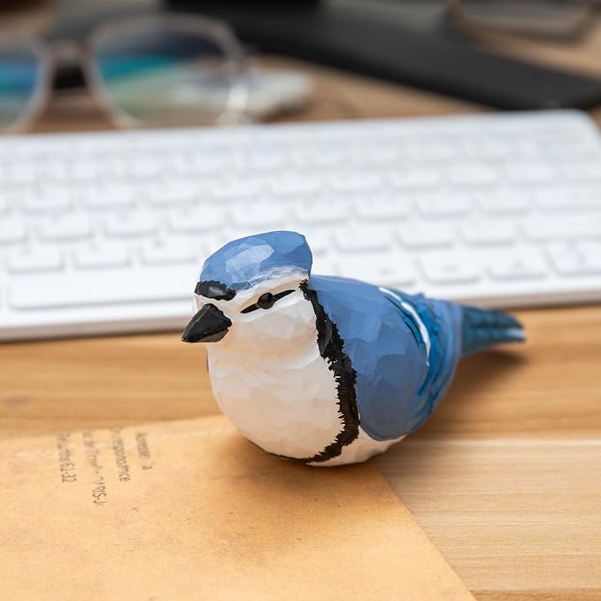 Handmade Wooden Blue Jay Bird Figurine – Backyard Blue Jay Home Decor, Cute Jay Knick-Knack for Bird Lovers, Unique Gift for Women, Mom, Friends – Rustic Nature Home Ornament