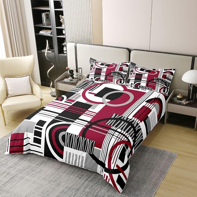Erosebridal Art Deco Mid Century Duvet Cover Set Retro Modern Abstract Geometric 100% Cotton Comforter Cover Black and White Burgundy Circles Stripes King Bedding Set, Contemporary Bed Sets