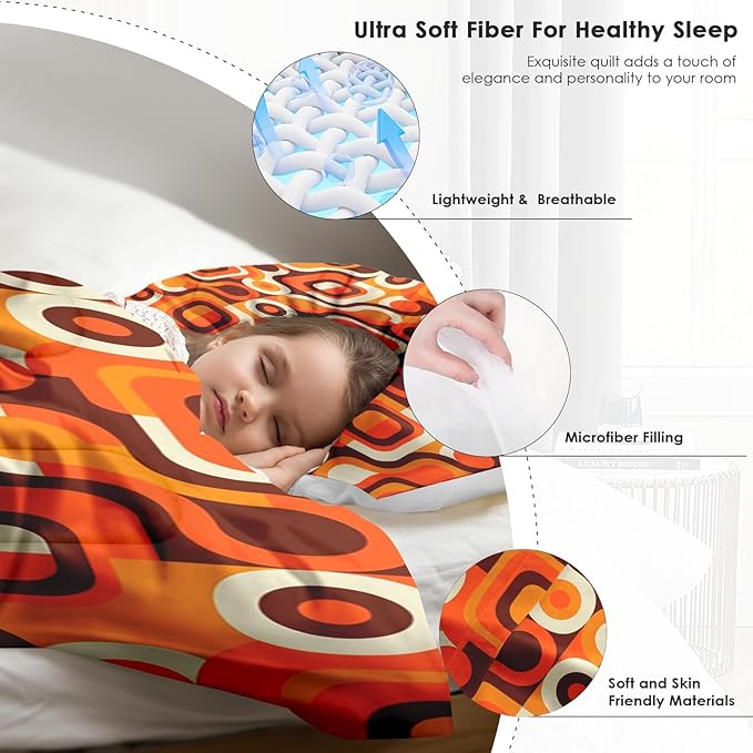 Pamnest Comforter Set Queen Size, 70S Retro Orange Soft Bedding for Kids and Adults, Abstract Brown Yellow Beige Comforter Set with 2 Pillowcases for Bedroom Bed Decor