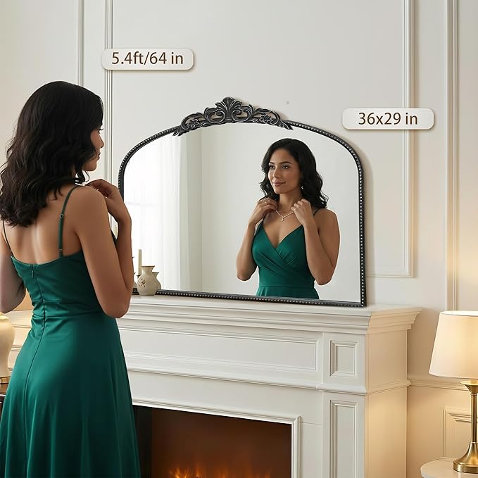 Micasso Vintage Black Arched Mirror: 36"x29" French Baroque Antique Wall Mounted Mirror - Traditional Ornate Decorative for Wall/Fireplace/Entryway/Bathroom/Hallway - Home Decor for Living Room