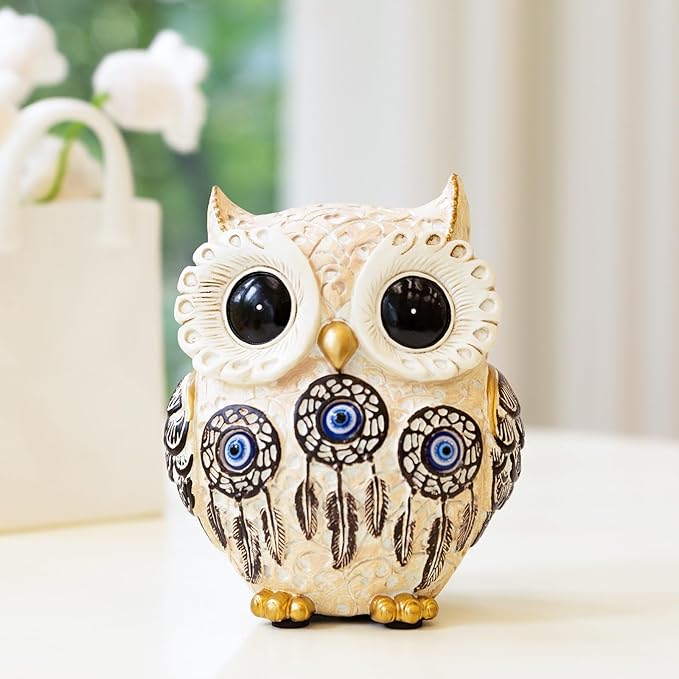 Owl Statue Home Decor Accents with Evil Eye.White Decor for Bookshelf, Bedroom, Living Room, Office, Table and Shelf. Vintage Owl Figurines Gifts for Birds Lover.Cute Small Animal Sculptures.