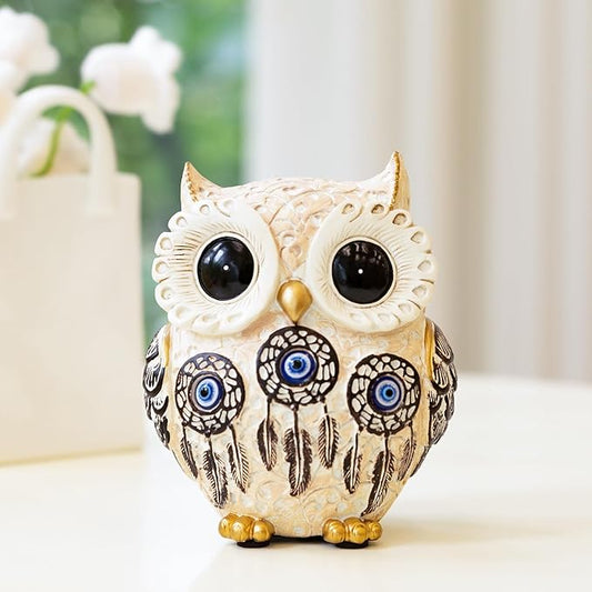 Owl Statue Home Decor Accents with Evil Eye.White Decor for Bookshelf, Bedroom, Living Room, Office, Table and Shelf. Vintage Owl Figurines Gifts for Birds Lover.Cute Small Animal Sculptures.