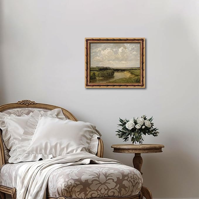dzbLuck Vintage River Landscape Wall Art with Gold Antique Frame, Classic Farmhouse Painting Print, Rustic Country River Scene Picture Wall Decor 8×10 Inch