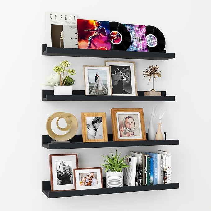 Axeman Picture Ledge Shelf | 24 Inch Black Floating Shelves Set of 4 | Rustic Wood Wall Shelves with Lip | 24" Black Picture Shelves for Wall with Ledge | Photo Shelves