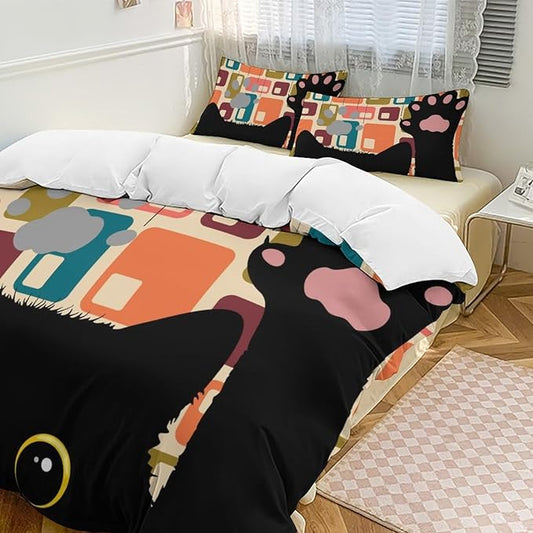 Mid Century Duvet Cover Sets Vintage Black Cat Modern Style Printed Lightweight Soft Quilt Cover Abstract Geometric Minimalist Soft Microfiber 3 Piece (1 Duvet Cover 90x102in + 2 Pillow Sham 20x30in)