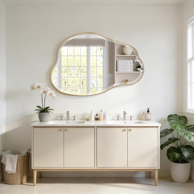 POZINO Irregular Beveled Bathroom Mirror, 36" x 24" Asymmetrical Vanity Mirror with Gold Metal Frame, Cloud Shaped Wall Mirror for Bathroom Entryway Living Room Bedroom, Horizontal/Vertical Hanging