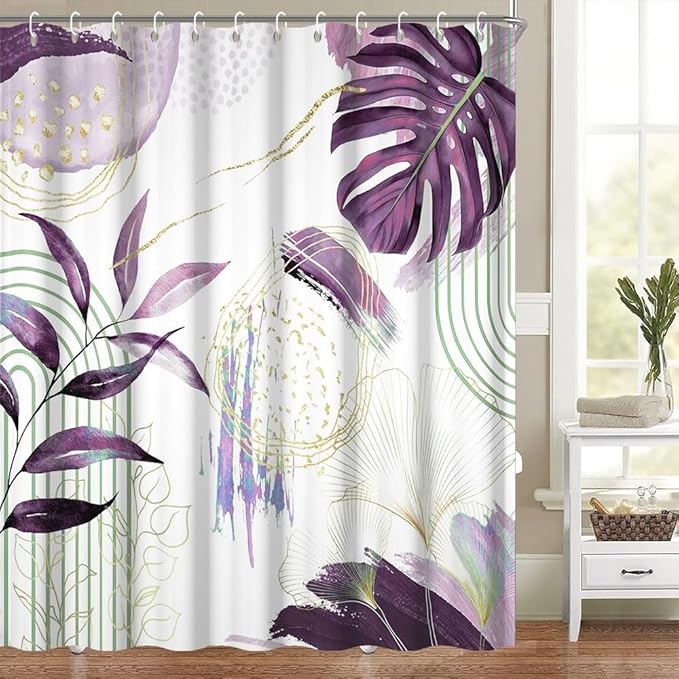 Mid Century Boho Shower Curtain Elegant Gold Purple Palm Leaf Abstract Minimalist Aesthetic Bathroom Decor Watercolor Plant Bathtub Curtains Washable Waterproof Polyester Fabric with Hooks 60x72 Inch