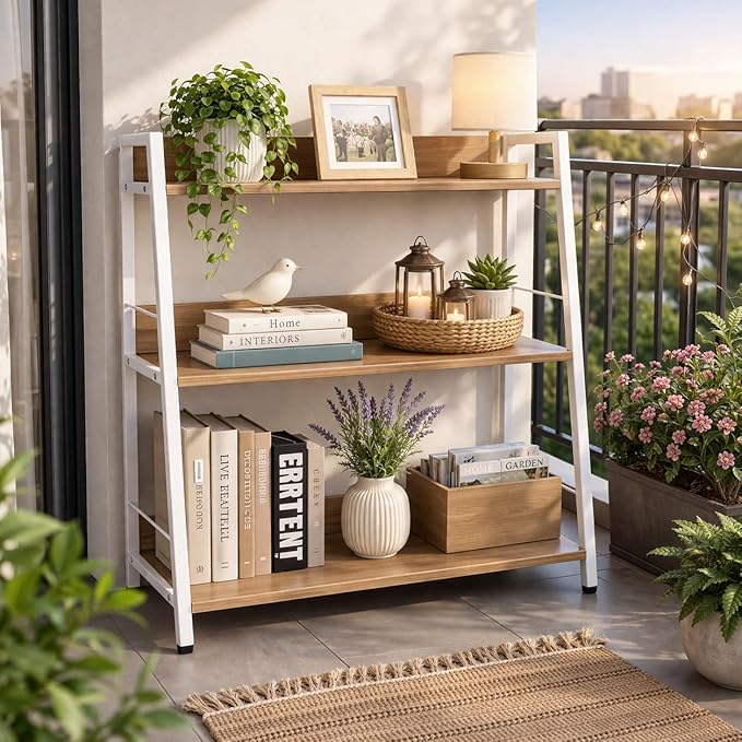 Ladder Shelf, 3 Tier Bookshelf, Small Bookshelf for Small Spaces, Wood and Metal Bookcase, Ladder Bookshelf, Modern Storage Shelf for Living Room and Office (White, Ladder)