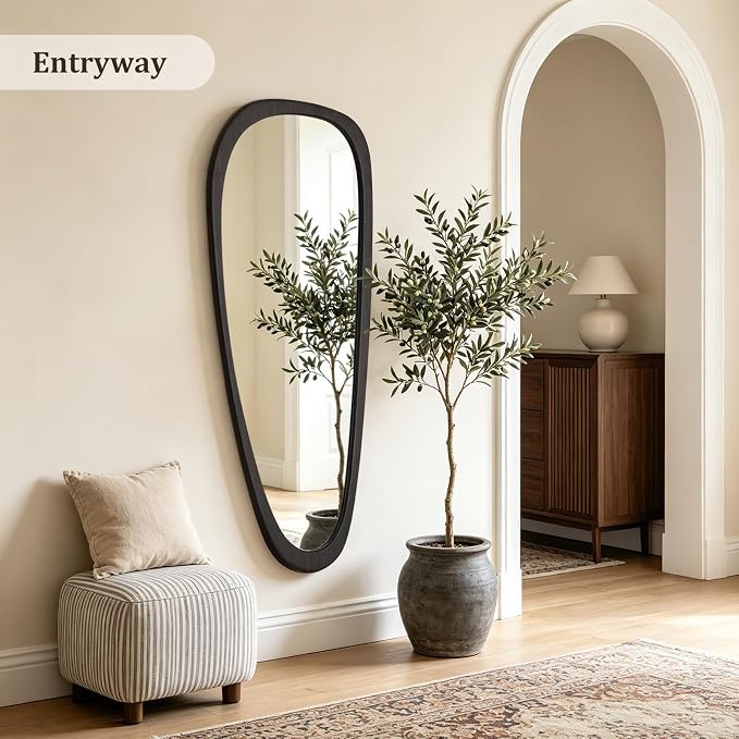 HOMECOOKIN 48" H x 22" W Asymmetrical Mirror, Irregular Wooden Wall Mirror for Bedroom, Living Room,Entryway– Mid-Century Modern Decorative Mirror, Solid Wood Frame, Pebble Shaped Design (Dark Brown)