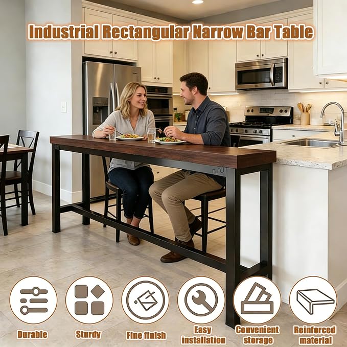 ZMHPLKH Narrow Bar Table for Small Spaces Industrial Rectangular Counter Height Table Retro Brown Wood Panel & Black Metal Frame Breakfast Bar Table for Apartments, Kitchen, Entryway