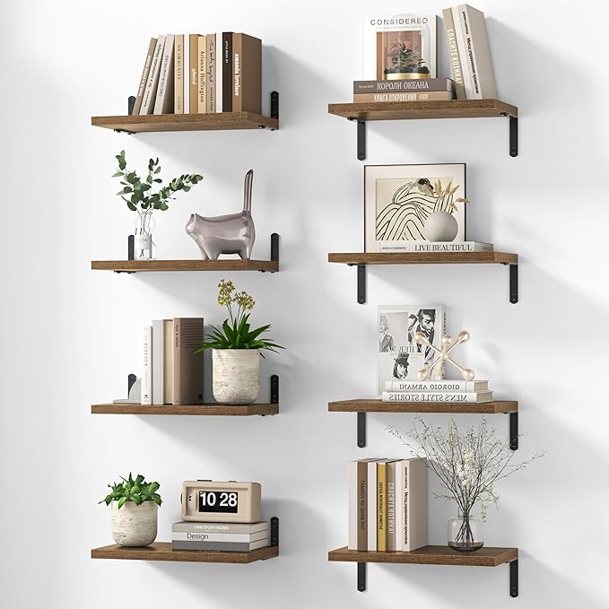 Marsmiles Extra Wide Floating Shelves for Wall, 16x8 Inch Natural Wood Grain Bookshelves, Heavy Duty Mounted Shelving for Bathroom, Kitchen, Living Room, Bedroom,Set of 8，Rustic Brown
