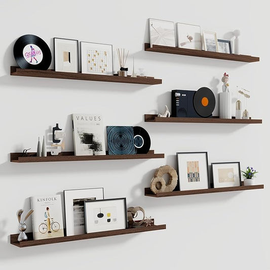 Fun Memories Picture Ledge Shelf, 48 Inch Long Floating Shelves Set of 6, Picture Shelf for Wall with Lip, Large Nursery Book Shelves for Storage, Wall Shelves for Living Room Bedroom Kitchen, Walnut