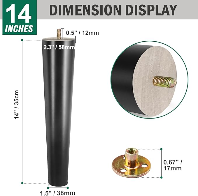 FoDau770 Black Rubber Wood Furniture Legs 14 Inches, Straight Tapered Wood Feet Mid Century Sofa Legs Set of 4, 5/16" UNC Furniture Feet for Cabinet Couch Dresser Chair Ottoman Table