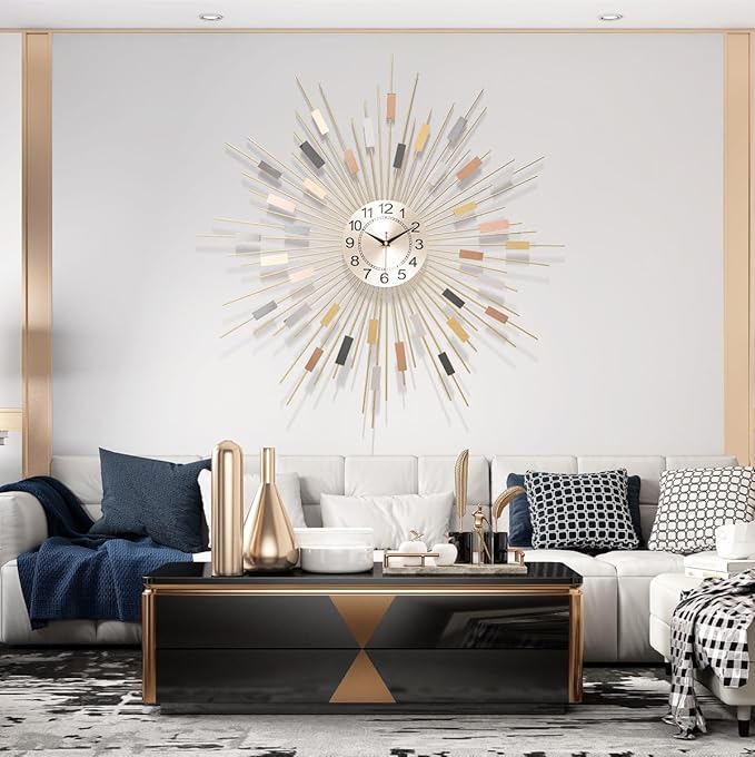 Starburst Round Wall Clock Decor 24" Silent Battery Operated, Mid Century Modern Metal Decorative Wall Clock for Living Room Bedroom Office