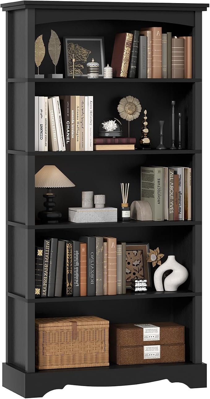 TVU 5-Tier Wooden Bookshelf, 65" Tall Farmhouse Style Open Bookcase, 31.5" W Standing Book Shelf with Storage, Suitable for Study, Living Room, Office, Blcak