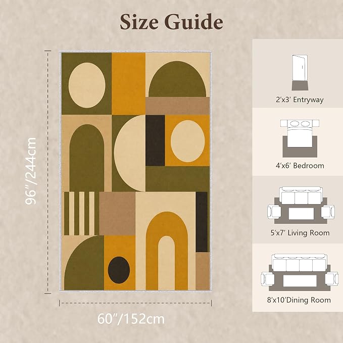 Olive Bauhaus Area Rug 5x8, Mid Century Modern Geometric Rug, Mustard Green Abstract Color Block Washable Low Pile Non Slip Rug for Living Room Bedroom