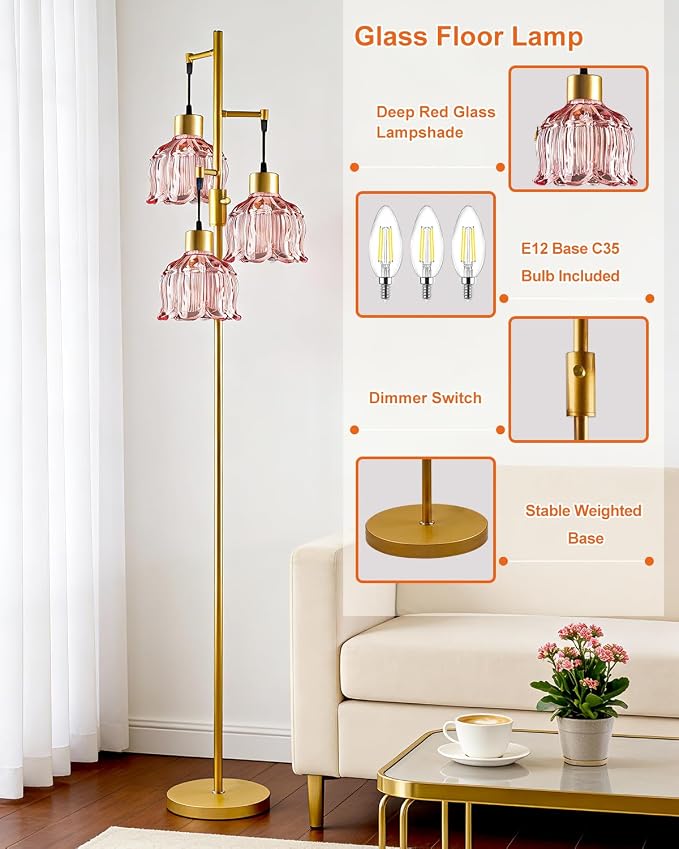 3-Light Modern Glass Floor Lamp, Gold Standing Tall Lamp with Deep Red Vertical Rib Glass Shade, Dimmable LED Floor Lamp with 5Lbs Heavy Base for Living Room Bedroom Home Decor, Bulb Included