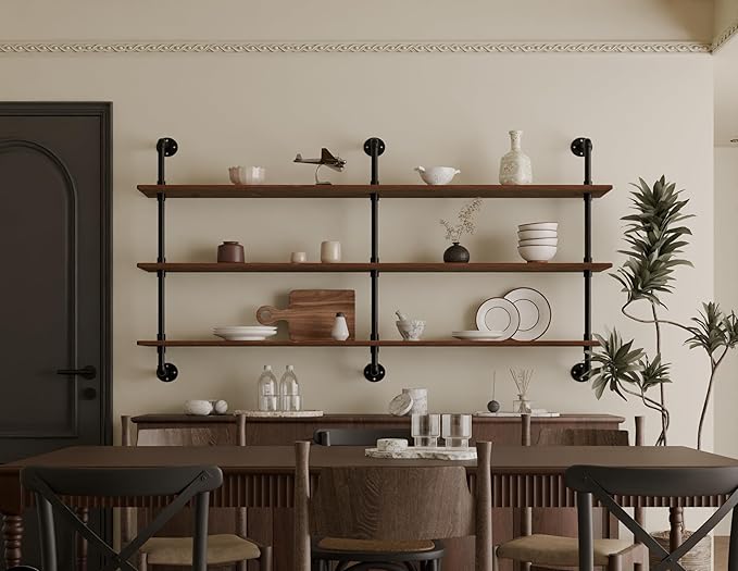 HDDFER Floating Shelves 70 inch Wall Bookshelf Industrial Pipe Shelving Shelves Real Wood Planks Rustic Wall Shelves Hanging Bookshelves Farmhouse Kitchen Bar Shelving