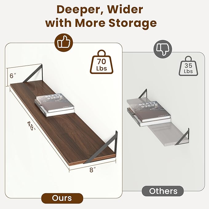 Floating Shelves for Wall,48" Wx8 D Wood Wall Shelves,Hanging Storage Floating Shelf with Metal Brackets,Wide Floating Bookshelf for Living Room,Office,Bedroom,Bathroom,Set of 2,Walnut