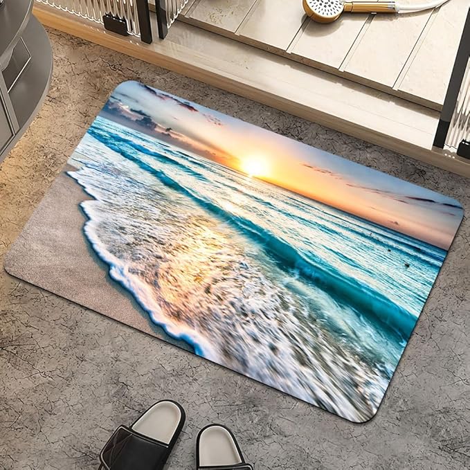 Bath Mat Rug,Sunset on Island Beach Non Slip Quick Dry Super Absorbent Thin Bathroom Rugs Fit Under Door-Easy to Clean Bathroom Floor Mats-Shower Rug for Shower Sink Bathtub(16" x 24"in)