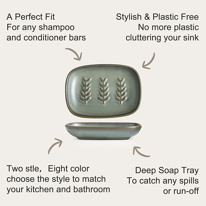 Ceramic Soap Dish Bar Soap Holder for Shower, Soap Dishes for Bar Soap Sponge, Shower Soap Saver Tray for Bathtub Bathroom Kitchen Sink, Farmhouse Housewarming Gift, Pro-Environment, Dark Green