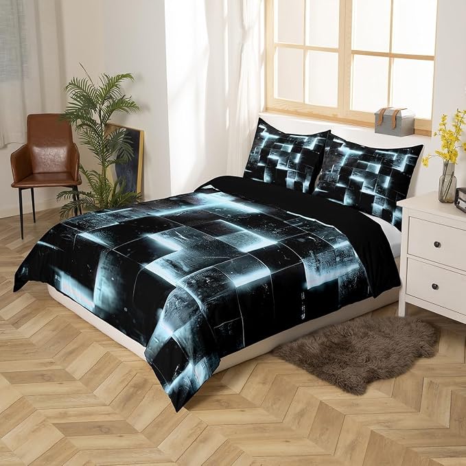 Erosebridal 3D Geometric Bedding Sets King Abstract Aesthetic Comforter Cover Black and Greyish White Bed Set Glowing Futuristic Cube King Duvet Cover Neon Grid Quilt Cover 3pcs (Black Reversible)