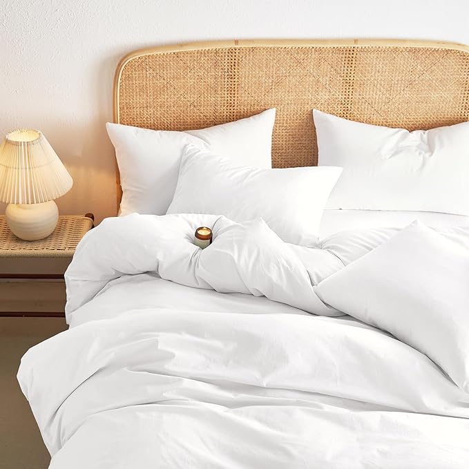 Wake In Cloud - Cotton Duvet Cover Set, 100% Washed Cotton, Linen Like Textured, Breathable Durable Comfy Farmhouse Neutral Bedding Set, 3 Pieces, White, Queen Size